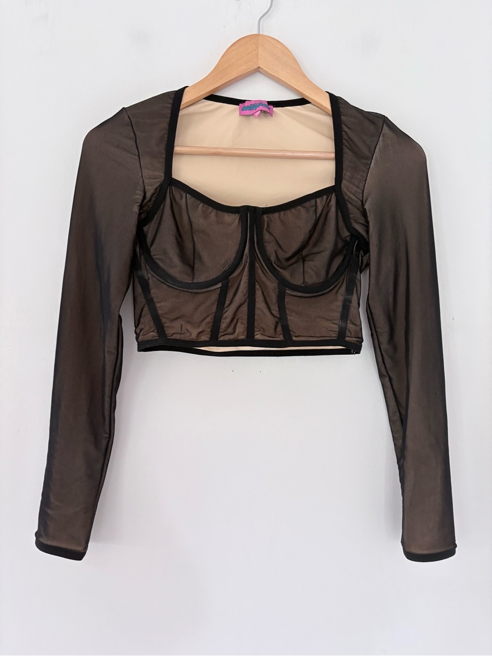 EDIKTED Megan Corset Boning Crop LS Top Black Mesh Nude Underwire Accent NWOT M - Picture 13 of 14